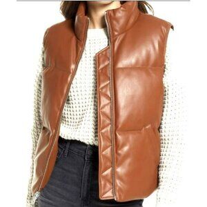 Levi Strauss & Co Leather Puffer Faux Leather Vest Caramel  Jacket Medium NEW